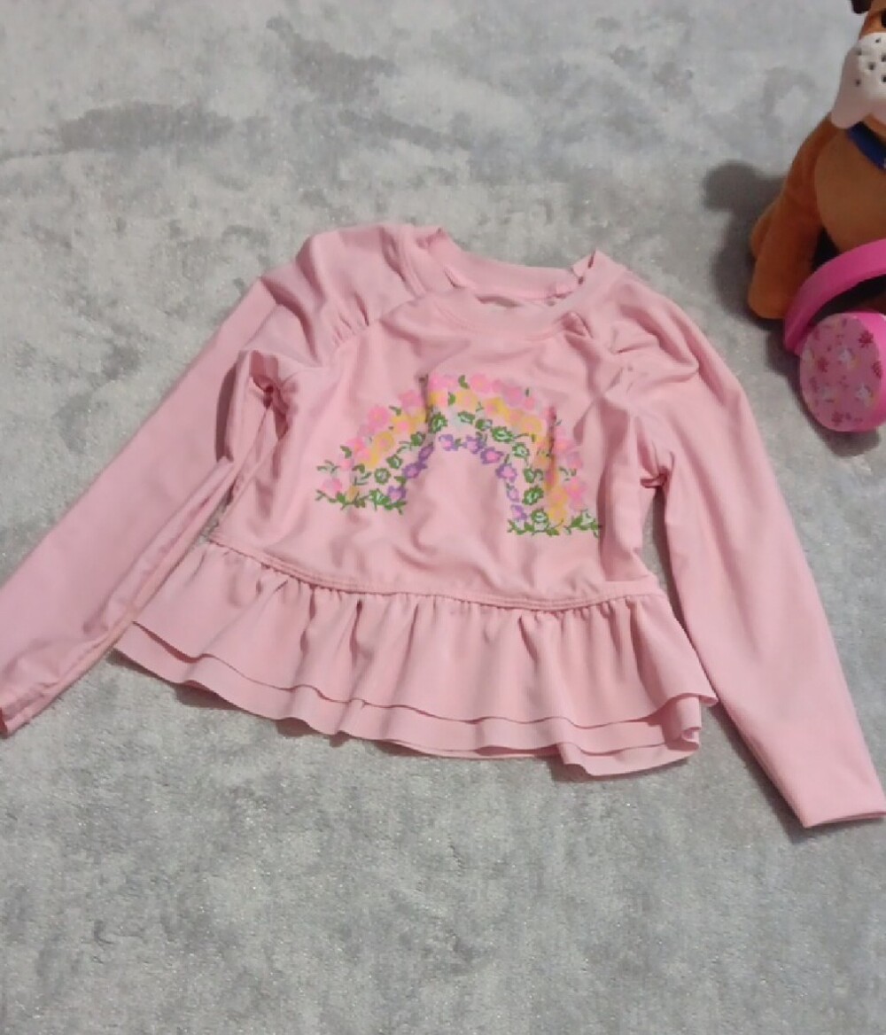 wonder nation Pink Long Sleeve Ruffle Swim Top with Floral Rainbow Print